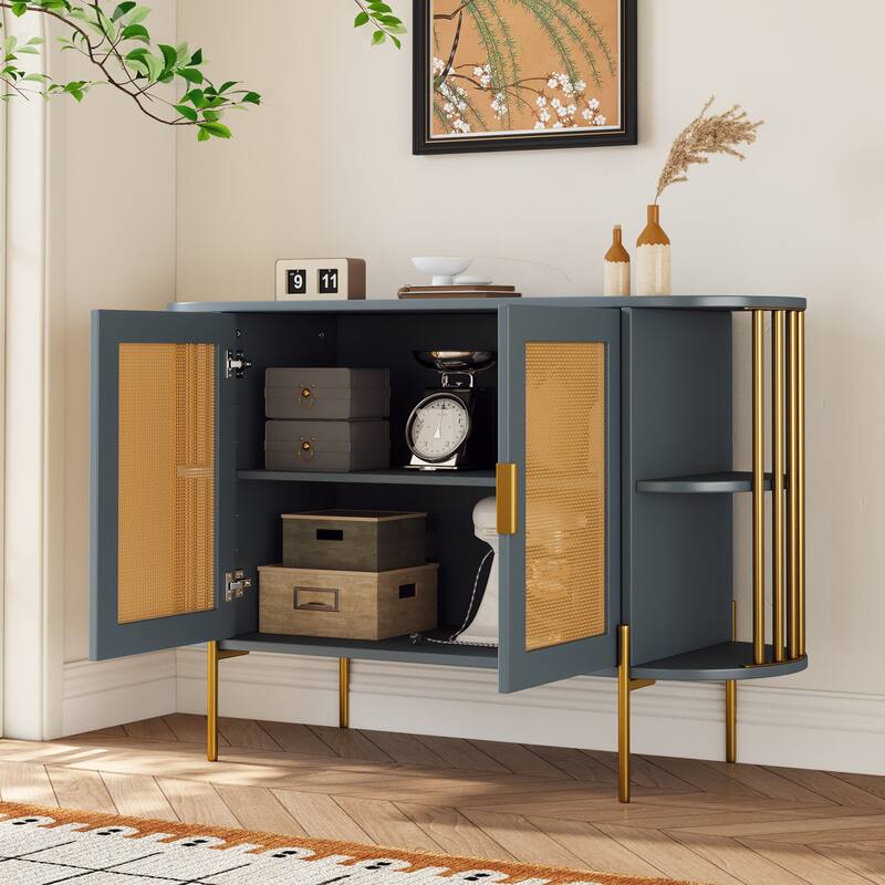 Curved Sideboard with Woven Rattan Doors and Open Storage - Dark Grey
