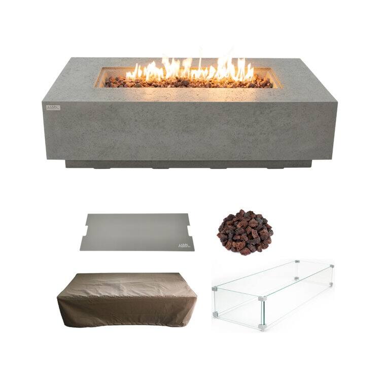 AMS Fireplace Madison Travertine Fire Pit Bundle - 60" x 32" x 17" - Light Grey - Natural Gas