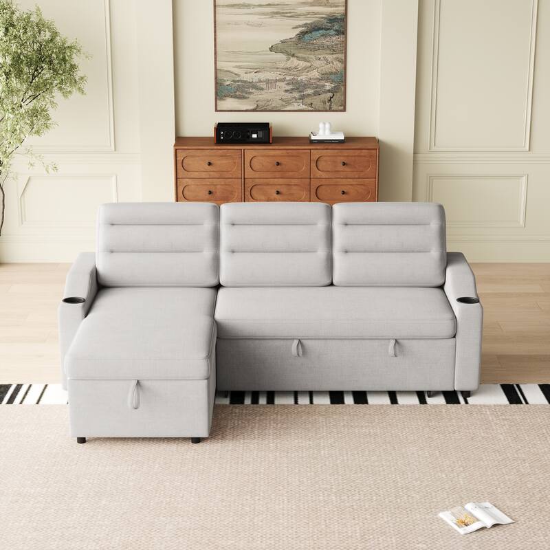 83.5" Convertible Sleeper Sofa - Polyester Sectional Sofa Bed with Pullout Bed and Cup Holder