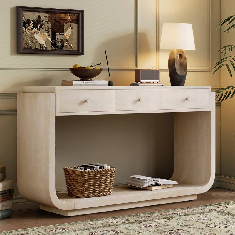 Mid-Century Modern Console Table with 3 Storage Drawers and Display Shelf for Entryway or Living Room Use