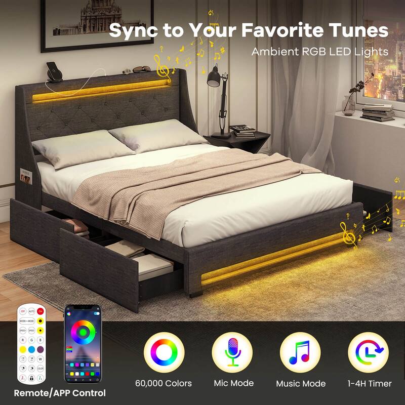 Costway Full/Queen Size Bed Frame with LED Lights & Charging Station