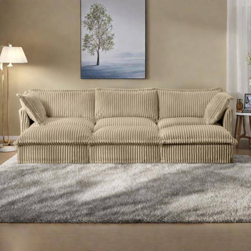 120" Corduroy 3-Seater Sofa Set with 3 Ottomans, Sleeper Function & Removable Slipcovers - Camel