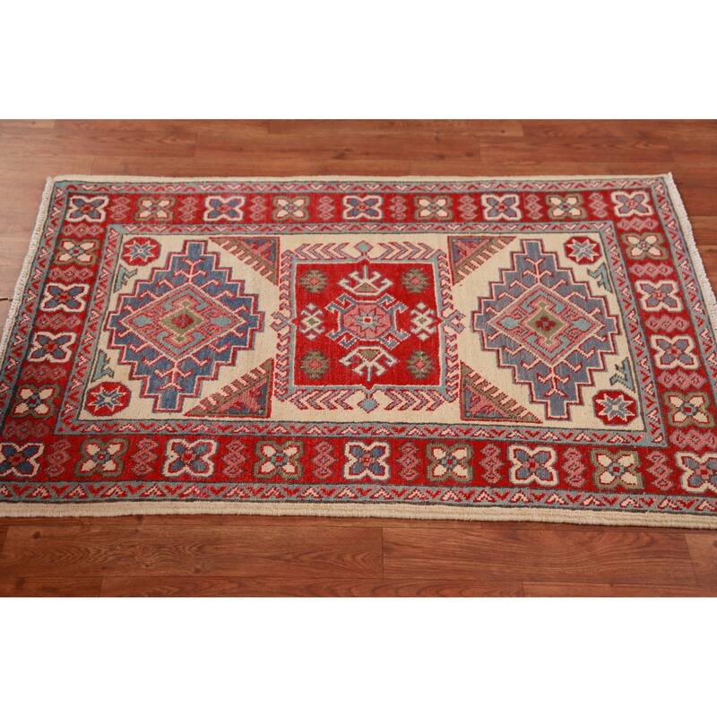 Geometric Kazak Oriental Foyer Rug Bedroom Handmade Wool Carpet - 2'8"x 4'0"