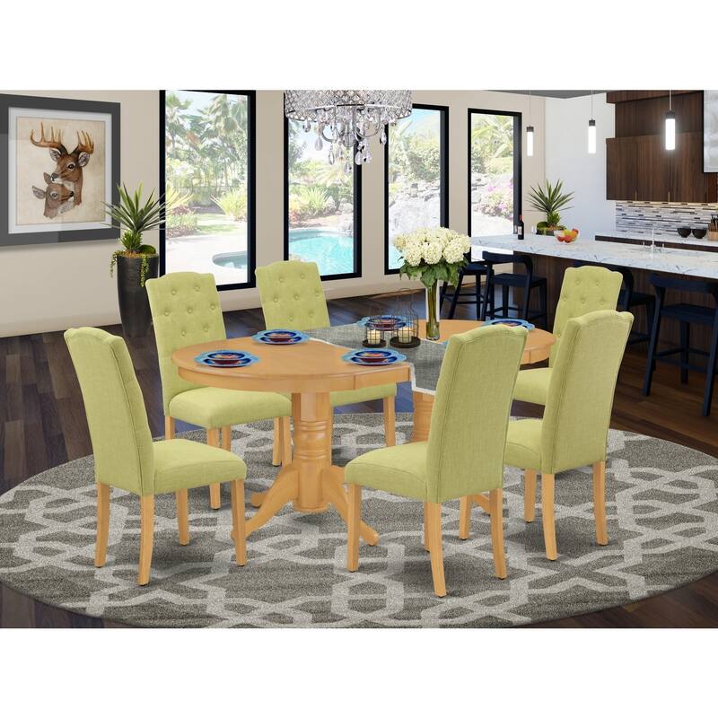 7Pc Dinette Set - Oval Dining Table with Leaf & 6 Parson Chairs - Oak Finish - 76.3