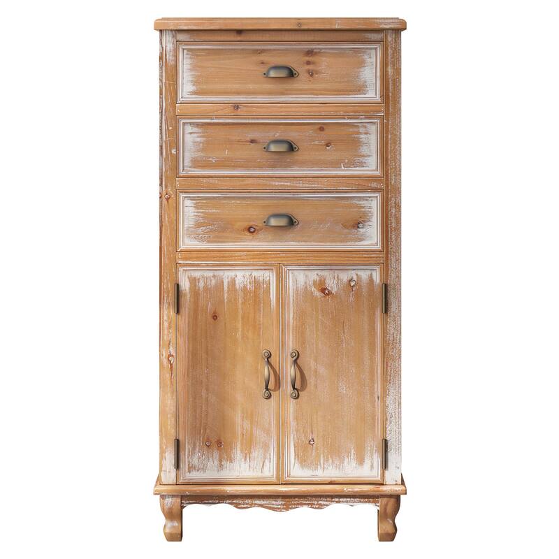 Rustic Wooden Storage Cabinet with Decorative Cutout Door & 3 Drawers, Tall Narrow Organizer for Living Room, Bedroom
