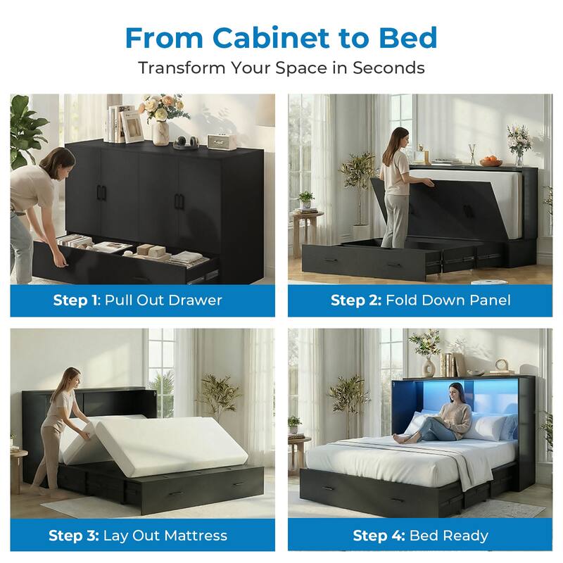 Mixoy Smart RGB LED Murphy Bed,Space Saving Cabinet Bed with Storage