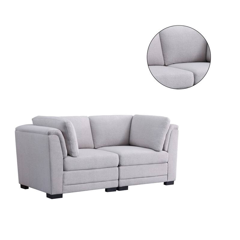 Linen Fabric Upholstered Modular Loveseat in Light Gray and Black