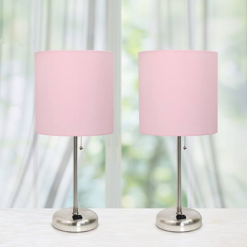 19.5 in. Brushed Steel Finish Table Lamp with Pink Shade, Desk Lamp for Writing and Computer Desks, Set of 2