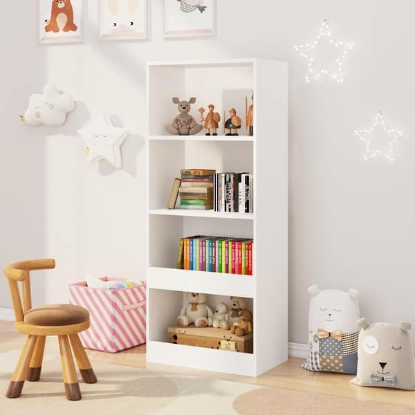 slide 2 of 7, Kids Bookshelf Wall Mounted, 4-Tier Book Shelf Organizer, Tall Wooden Children's Bookcase, Storage Book Rack White