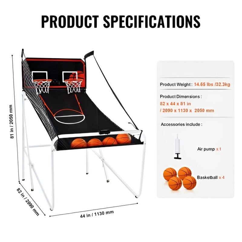 Black-White Steel Dual Hoop Basketball Arcade Game with 8 Games and Foldable Frame - 82” L x 44” W x 81” H