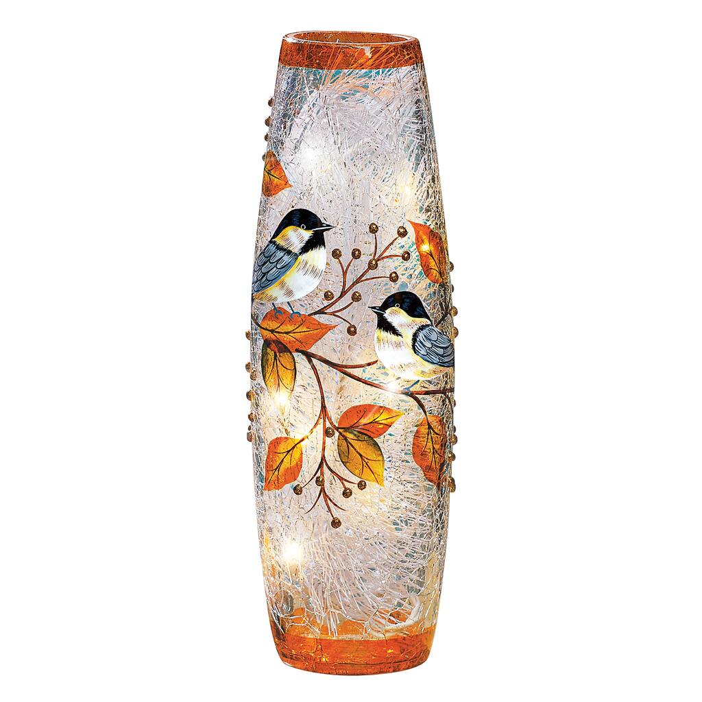 LED Lighted Autumn Chickadee Crackled Glass Hurricane Lamp - 4 x 11.75 x 4