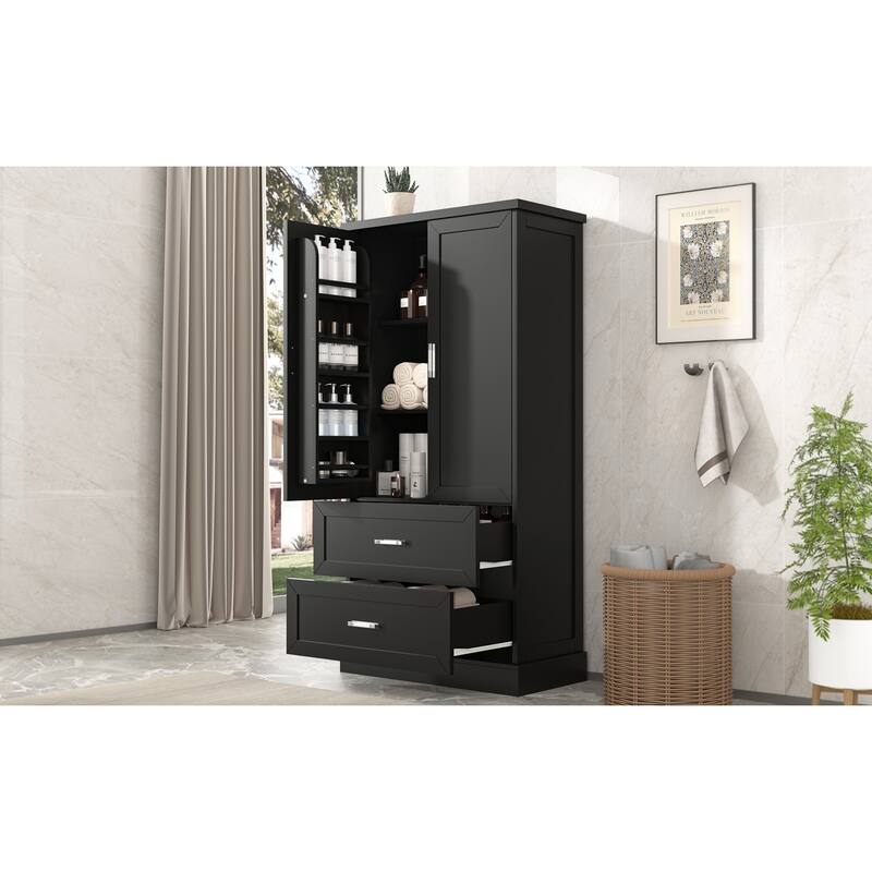 Tall Bathroom Storage Cabinet with Adjustable Shelves and Door Racks, Waterproof Freestanding Cabinet with Drawers