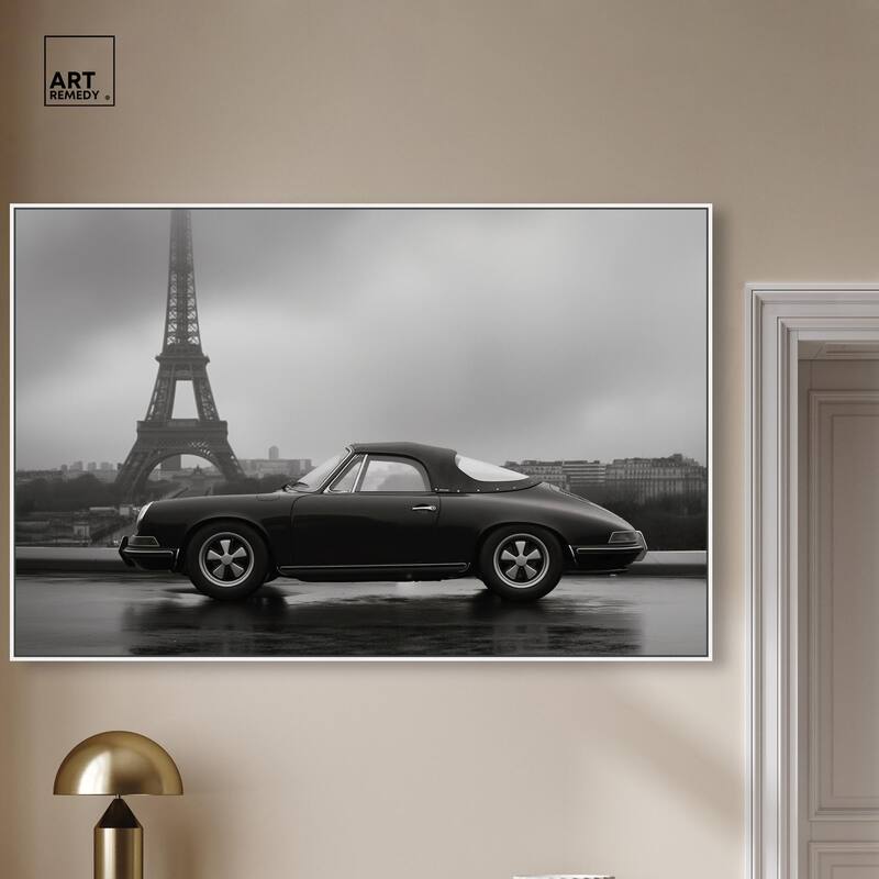 Classic Car and Eiffel Noir Canvas by Art Remedy