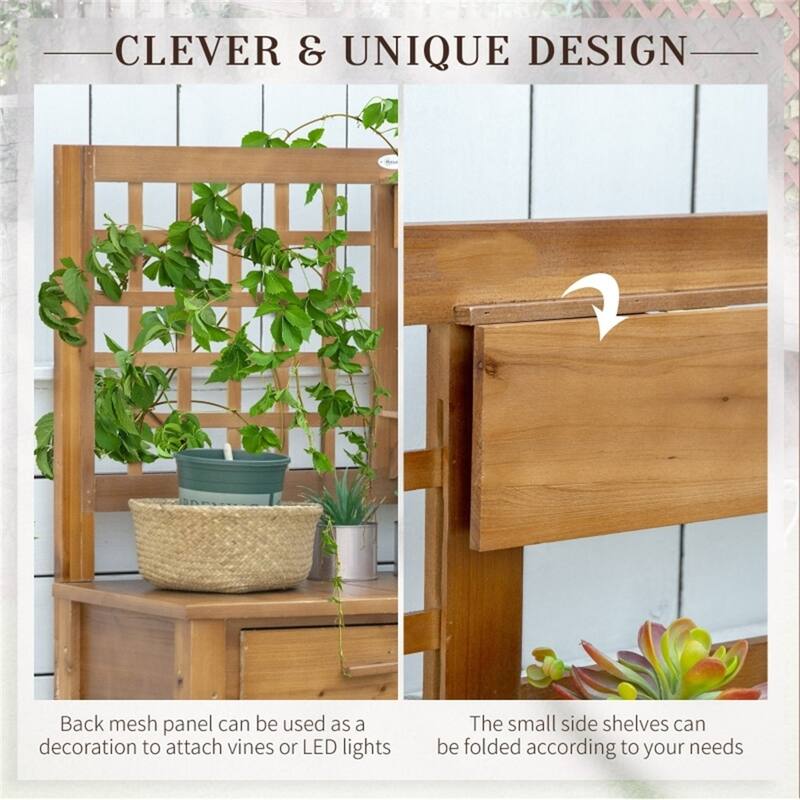 Brown Fir Wood Potting Table with Large Worktop Drawer and Shelf Storage for Gardening - 41.25" W x 16.5" D x 55.75" H
