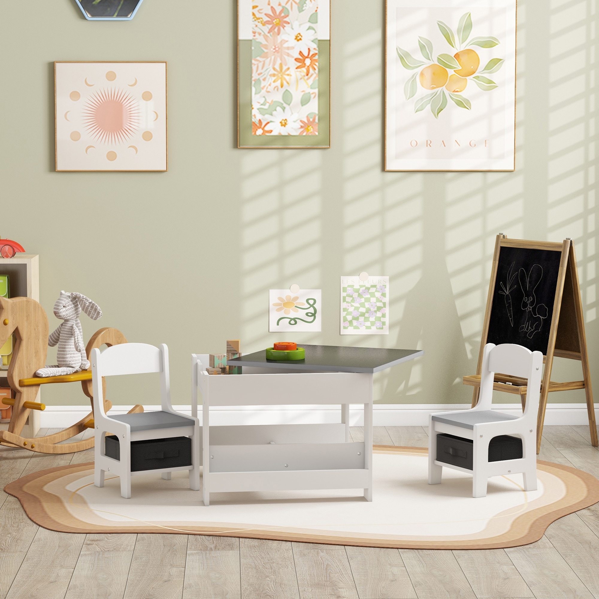 3 Piece Kids Table and Chair Set,2 in 1 Toddler Table and Chair Set with Reversible Tabletop Blackboard