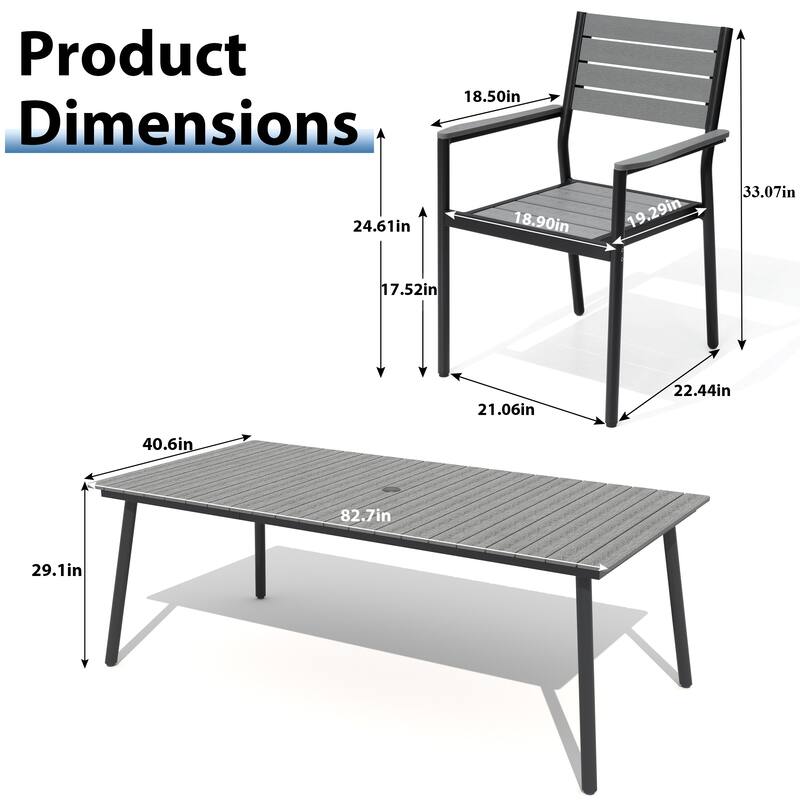 9-Piece Outdoor Patio Dining Set Wood-Like Table Top Alumium Umbrella Hole Table with Stackable Armrest Chairs