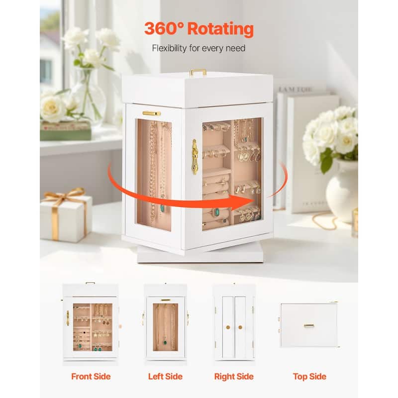 White Jewelry Organizer with 360 degree Rotation and Necklace Hooks