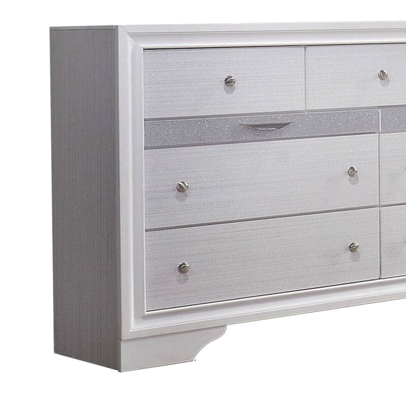 Wooden Dresser with 7 Drawers and 2 Jewelry Drawer, White and Silver