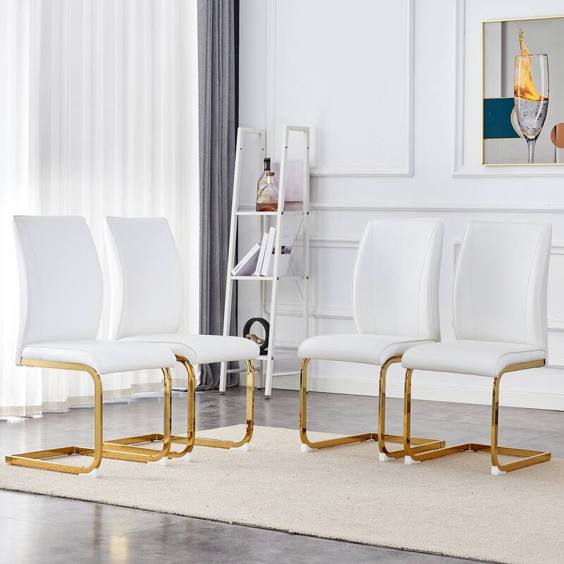 Luxury Simple Arch Chair - Set of 2 PU Material High Resilience Dining Chair with Arched Metal Leg - White+Gold-4