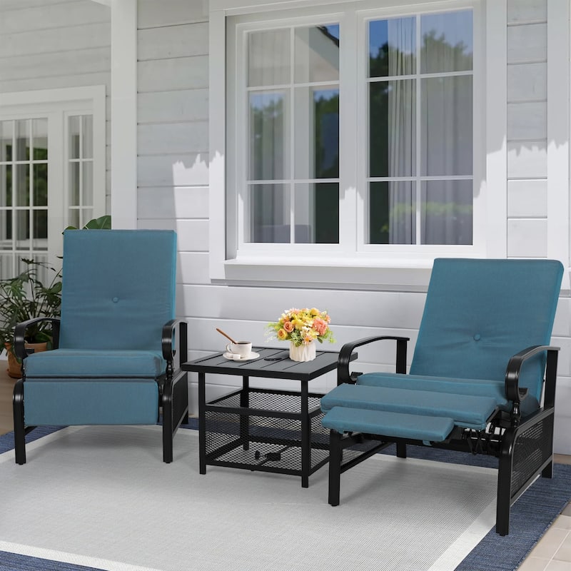 Outdoor Metal Patio Adjustable Recliner Lounge Chair & Bistro Table Set, Retractable Steel Frame and Removable Thick Cushion