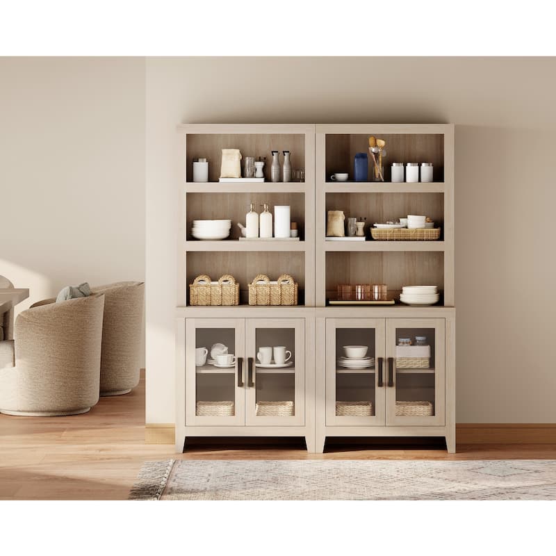 WAMPAT 3 Tier Bookshelf with Glass Door, 74" Tall Bookcase with Adjustable Shelf and Storage Cabinet, Farmhouse Wooden Bookshelf