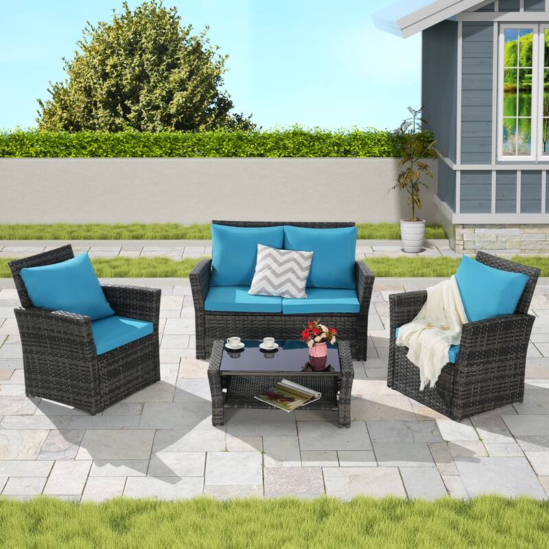 4 Piece Patio Furniture Set, Outdoor Rattan Wicker Sofa Set with Water Resistant Cushion and Tempered Glass Coffee Table - Light Blue