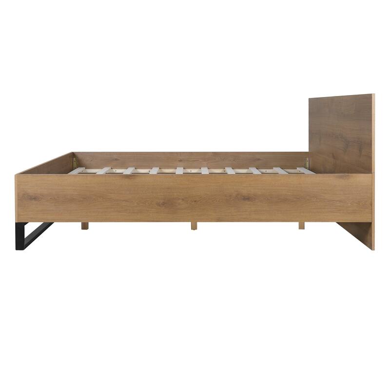 Solid Wood Rustic Platform Bed with Headboard, Wooden and Metal Bed Frame, Wood Slats Support, No Box Spring Needed