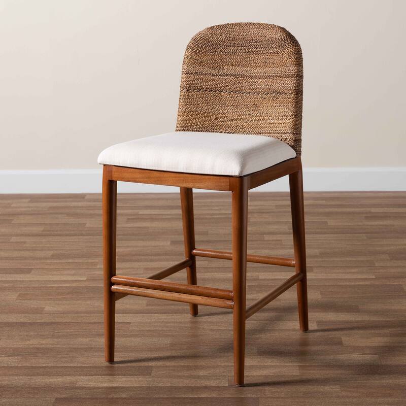 Nadim Modern Bohemian Seagrass and Acacia Wood Counter Stool