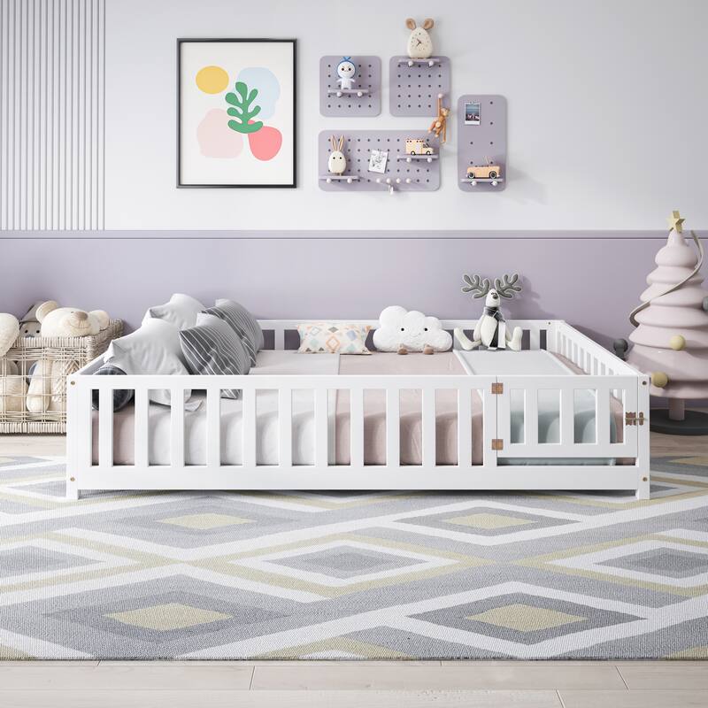 GDFStudio - Harper Full-Size Montessori Floor Bed with Storage Headboard and Blackboard
