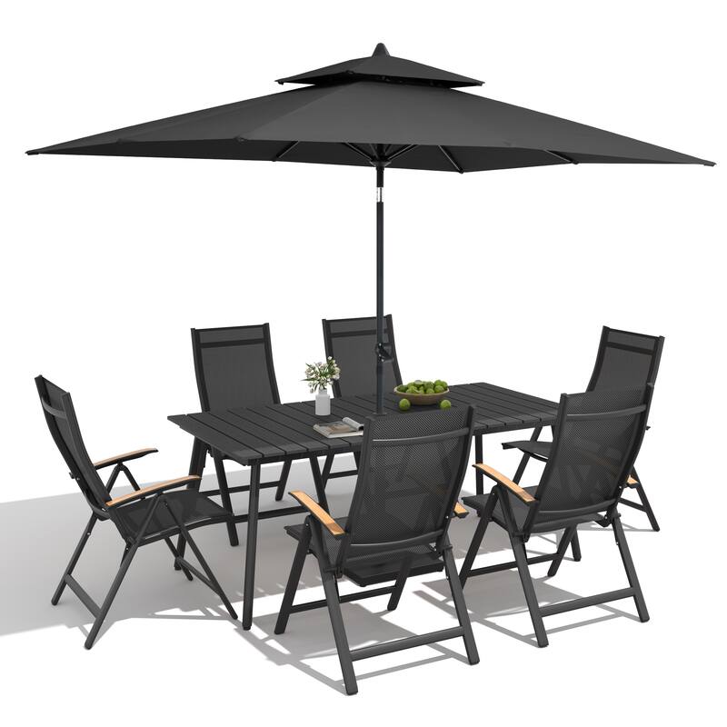 9/11-Piece Outdoor Aluminum Patio Dining Set w/10 ft Umbrella and Base, Rectangle Table and Folding Chairs