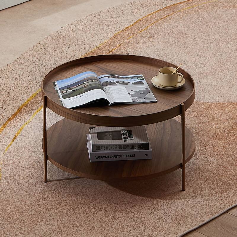 Set of 2 Modern 2 Tier Round Nesting Storage Coffee Table Set for Living Room