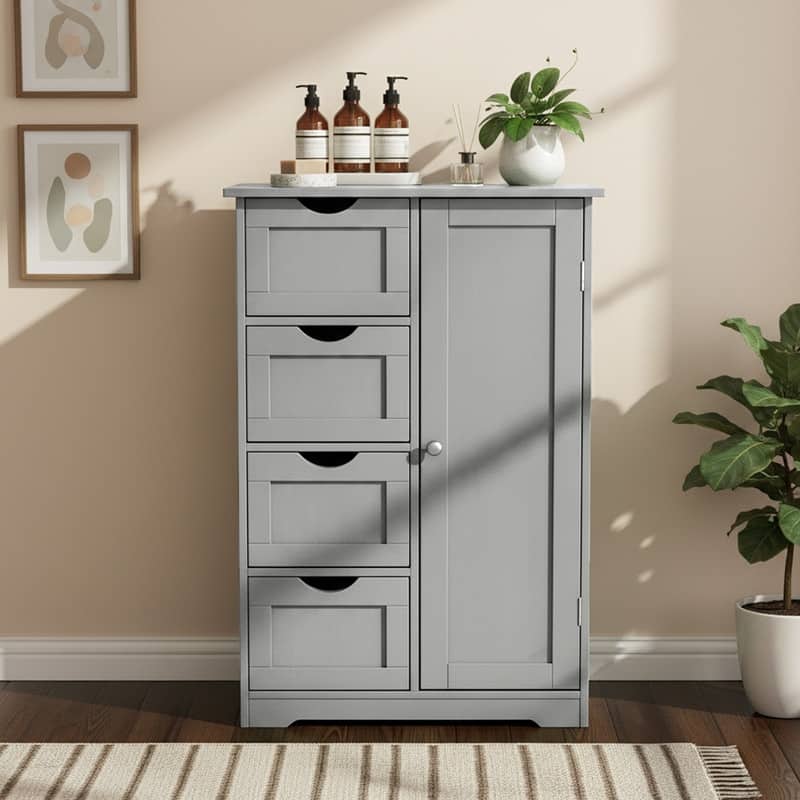 Black Bathroom Storage Cabinet with 4 Drawers and 1 Door - Grey