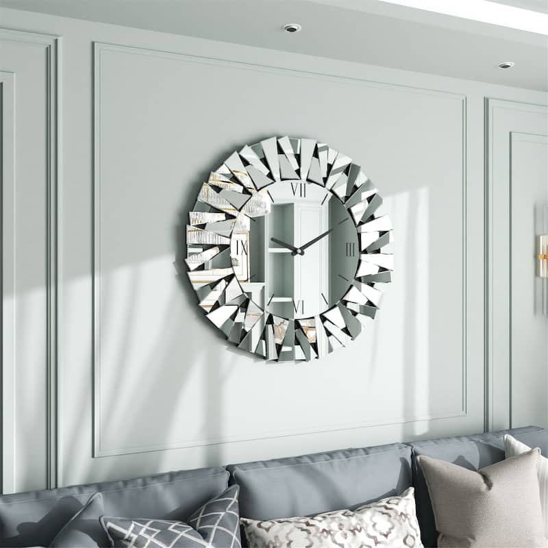 Silver Glass Mirrored Starburst Decorative Wall Clock - 32"x32"