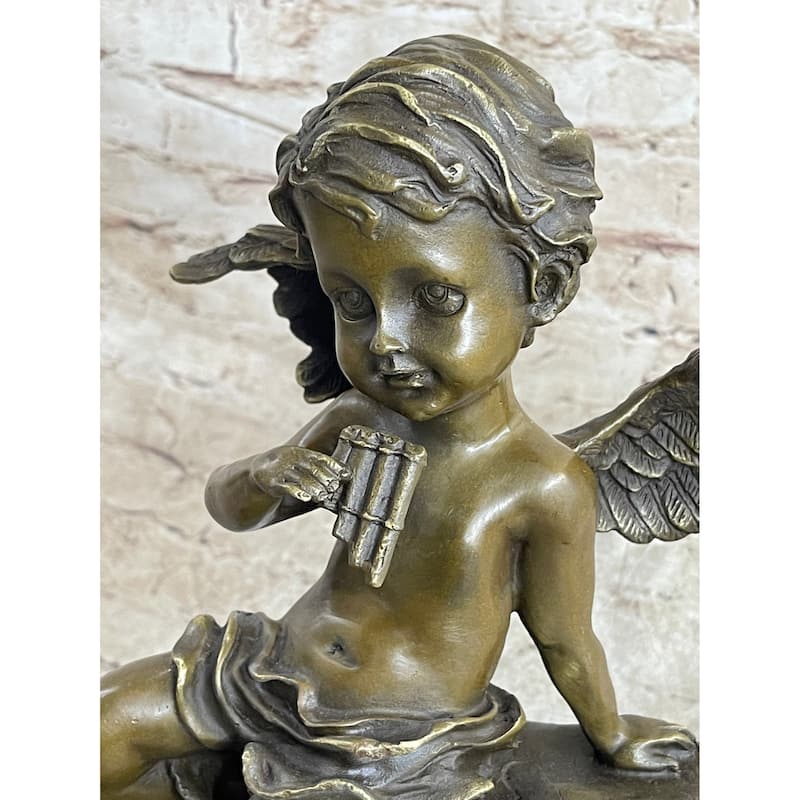Cherub Angel Playing Pan Flute Hand Made Bronze Sculpture Home Decor