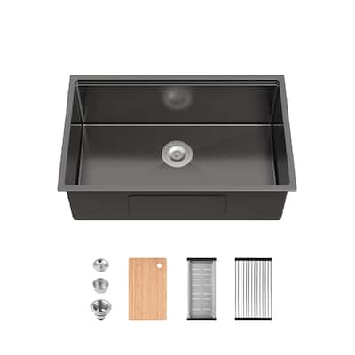 Stainless Steel Kitchen Sink, 30″x19″ Single Bowl, Undermount Handmade Sink in Black, with Cutting Board, Colander