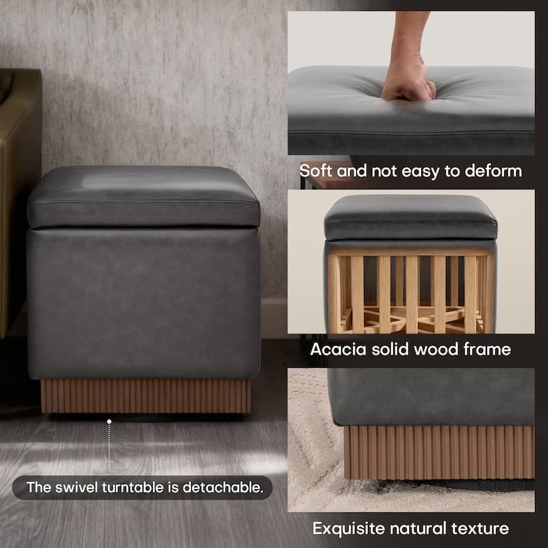 Swivel Storage Ottoman Bench Footstool with Flip-top and Acacia Frame