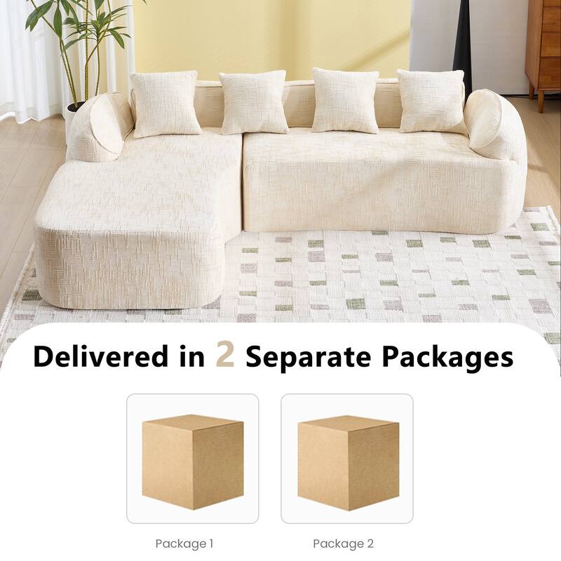 Chenille L-Shaped Compressed Sofa, 4-Seat Sectional Couch with Curved Armrests, High-Elastic Sponge & 4 Throw Pillows