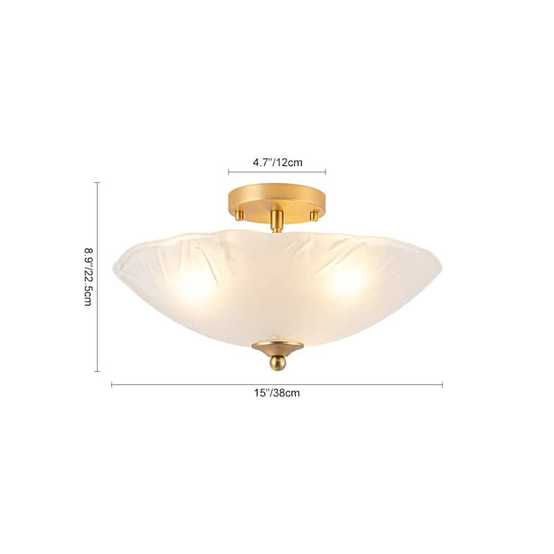 Mid-Century Brass Round Glass Bowl Semi Flush Ceiling Light 15in