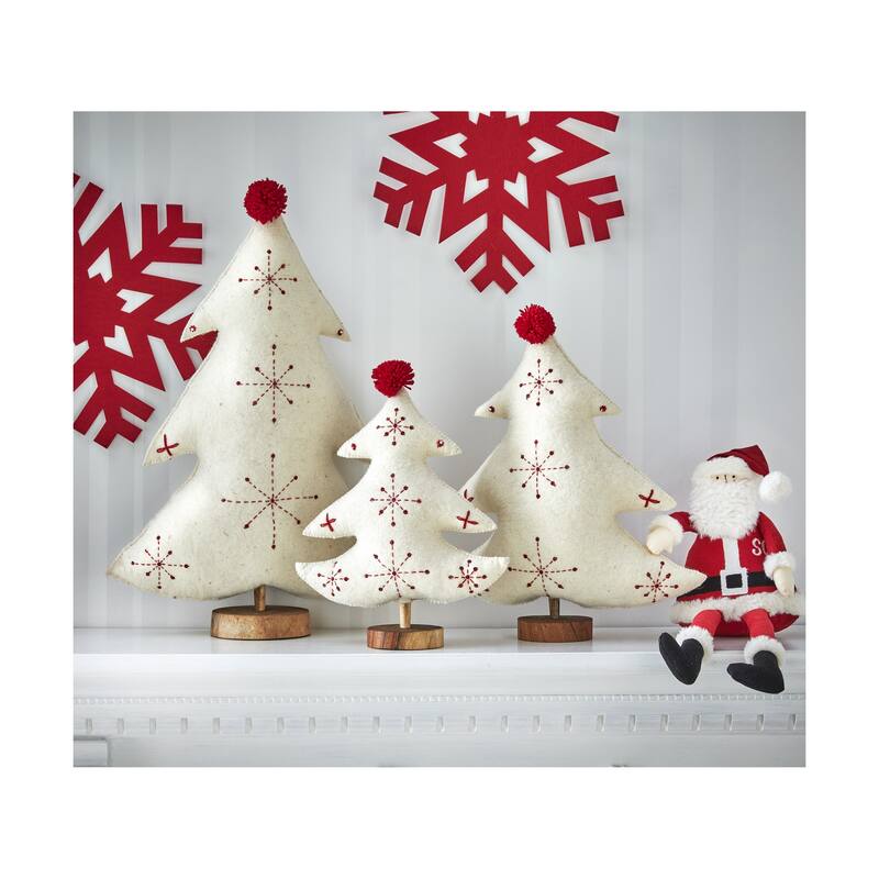 Embroidered Wool Ivory Christmas Tree Decorations for Tabletop or Mantel Tall 17 inch