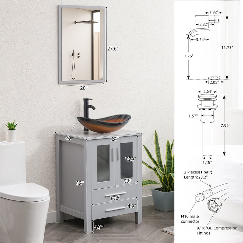 Eclife 24" Bathroom Vanity Gray Set Glass/ Ceramic Vessel Sink Cabinet Faucet Drain Combo Free Standing