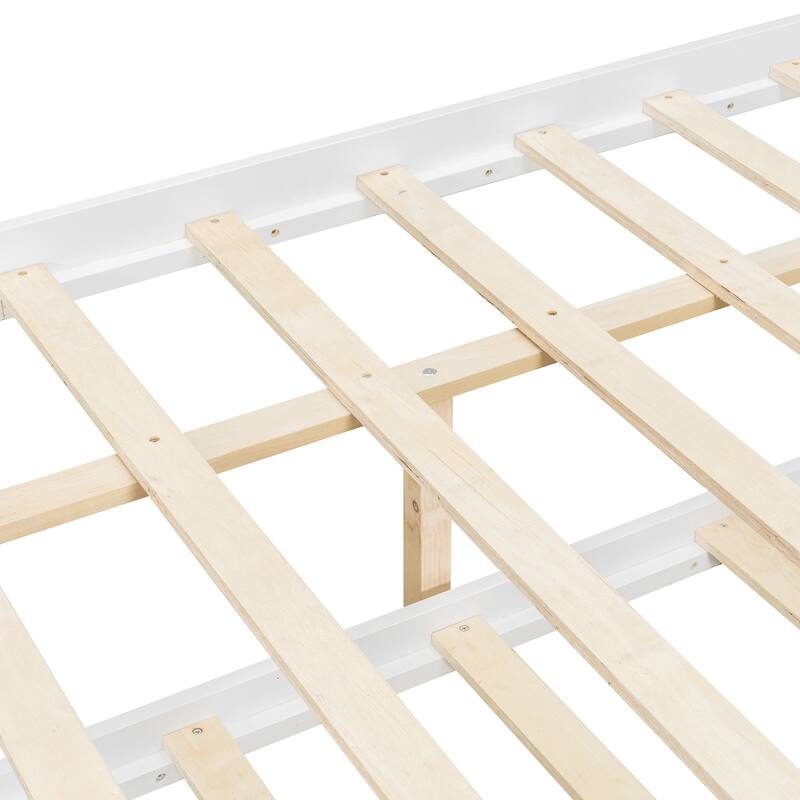 Solid Wood House Platform Bed Frame with Trundle Bed and Roof