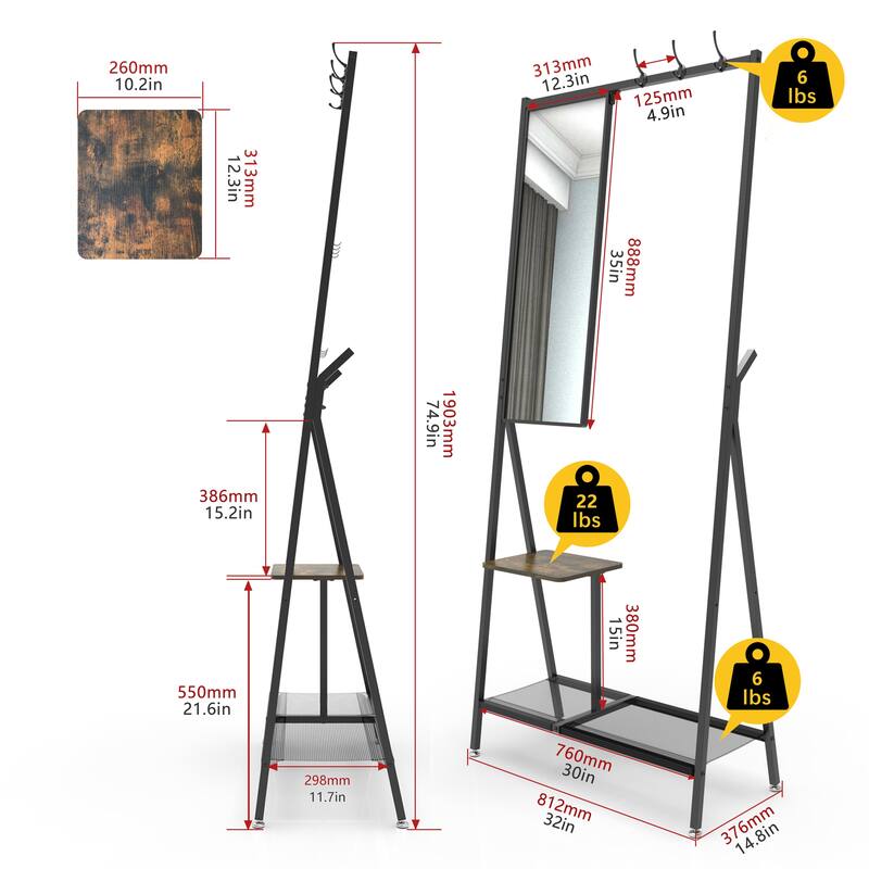 Rustic Industrial Hall Tree,73-Inch Aluminum Coat Rack with Mirror