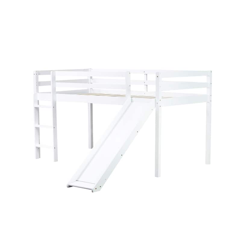 Twin Low Loft Bed with Slide, Ladder, Safety Guardrails, Rubber Wood Twin Loft Bed