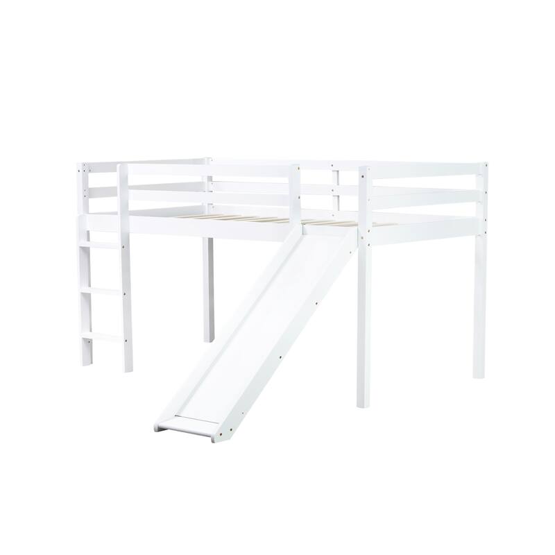 Twin Low Loft Bed with Slide, Ladder, and Storage Space, Rubber Wood Construction with High Guardrails for Safety