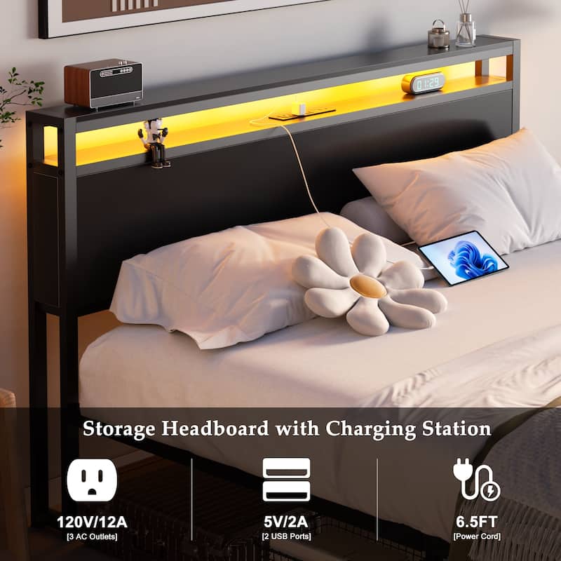 Platform Bed with Storage Headboard, Bed Frame with Charge Station and LED Light