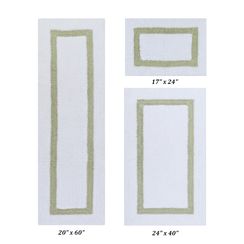 Better Trends Hotel Collection in Race Track 100% Cotton Super Absorbent Reversible Double Sided Machine Washable Bath Mat Rug - 3 Piece Set (17" x 24" | 24" x 40" | 20" x 60") - White & Sage