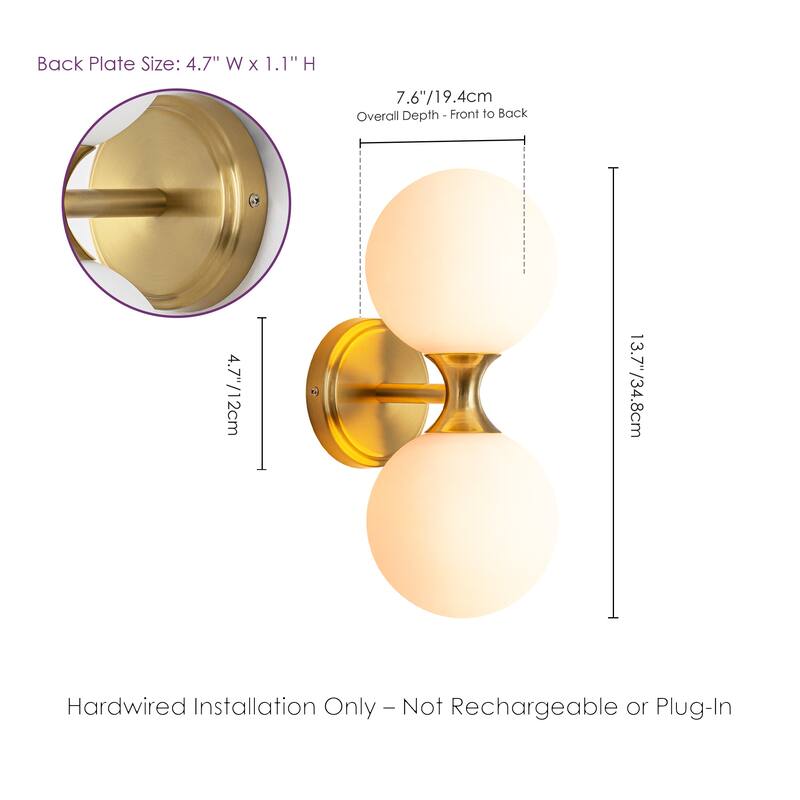 2-Light 13.7 in. Modern Brass Frosted Glass Globe Bathroom Vanity Light Up & Down Wall Sconce