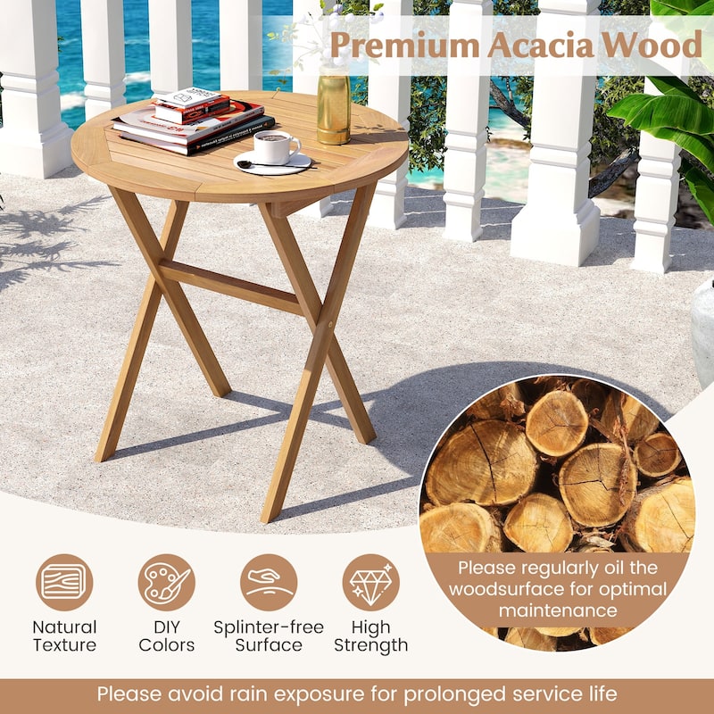 Natural Acacia Wood Folding Side Table with Slatted Top and X Shaped Frame for Patio or Garden - 26"Dia x 27"H