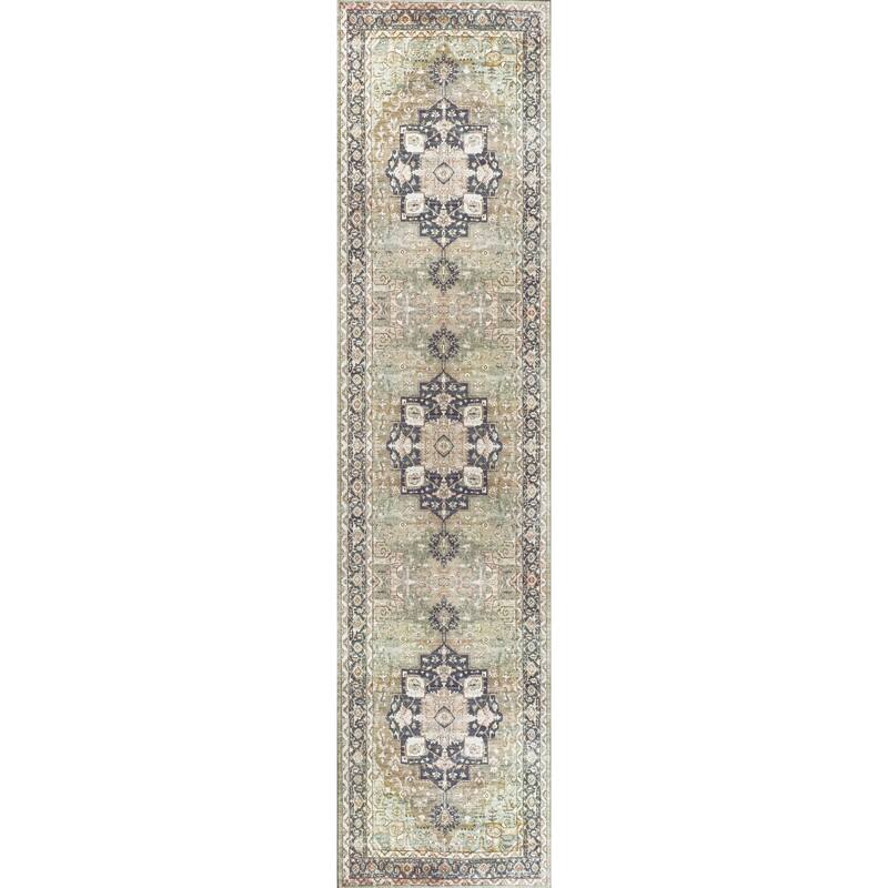 JONATHAN Y Marrakesh Ornate Medallion Machine Washable Area Rug - 2 X 8 - Green/Tan/Blue