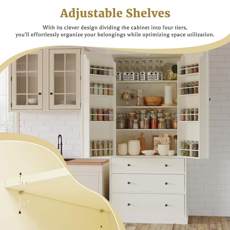Freestanding Kitchen Pantry, 3 Adjustable Shelves, 3 Drawers, and 8 Door Shelves